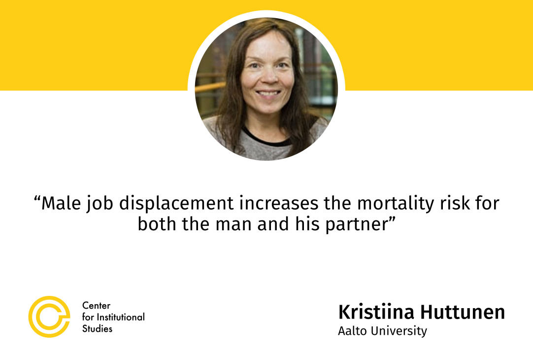 CInSt Research Seminar &quot;In Sickness and in Health: Job Displacement and Health Spillovers in Couples&quot;: Kristiina Huttunen (Aalto University)